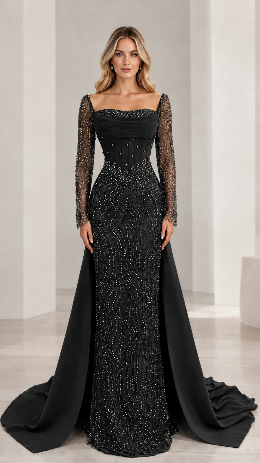 Black long sleeve beaded formal evening gown with dramatic train