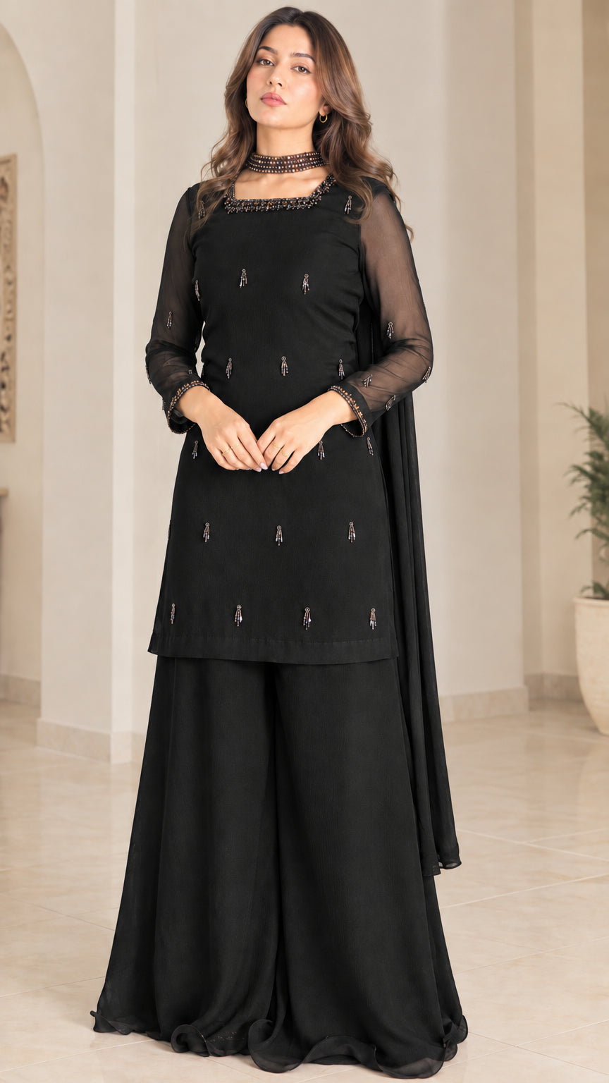 Black embellished tunic and flared palazzo pants set with dupatta