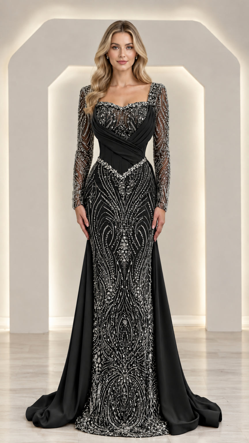 Black embellished long sleeve evening gown with draped satin bodice and train