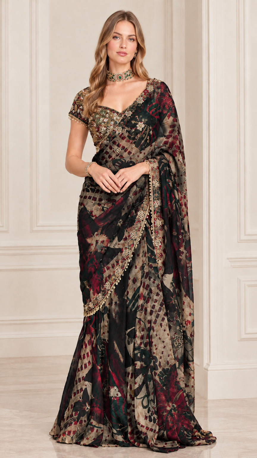 Full-length view of model wearing Classic Black floral printed saree set