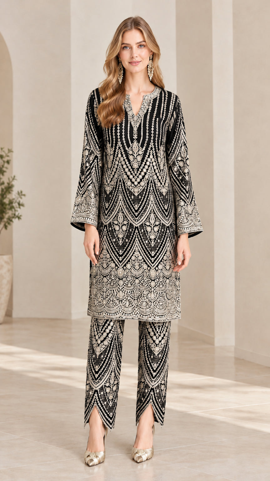 Full front view of model wearing black embroidered tunic top and matching pants set