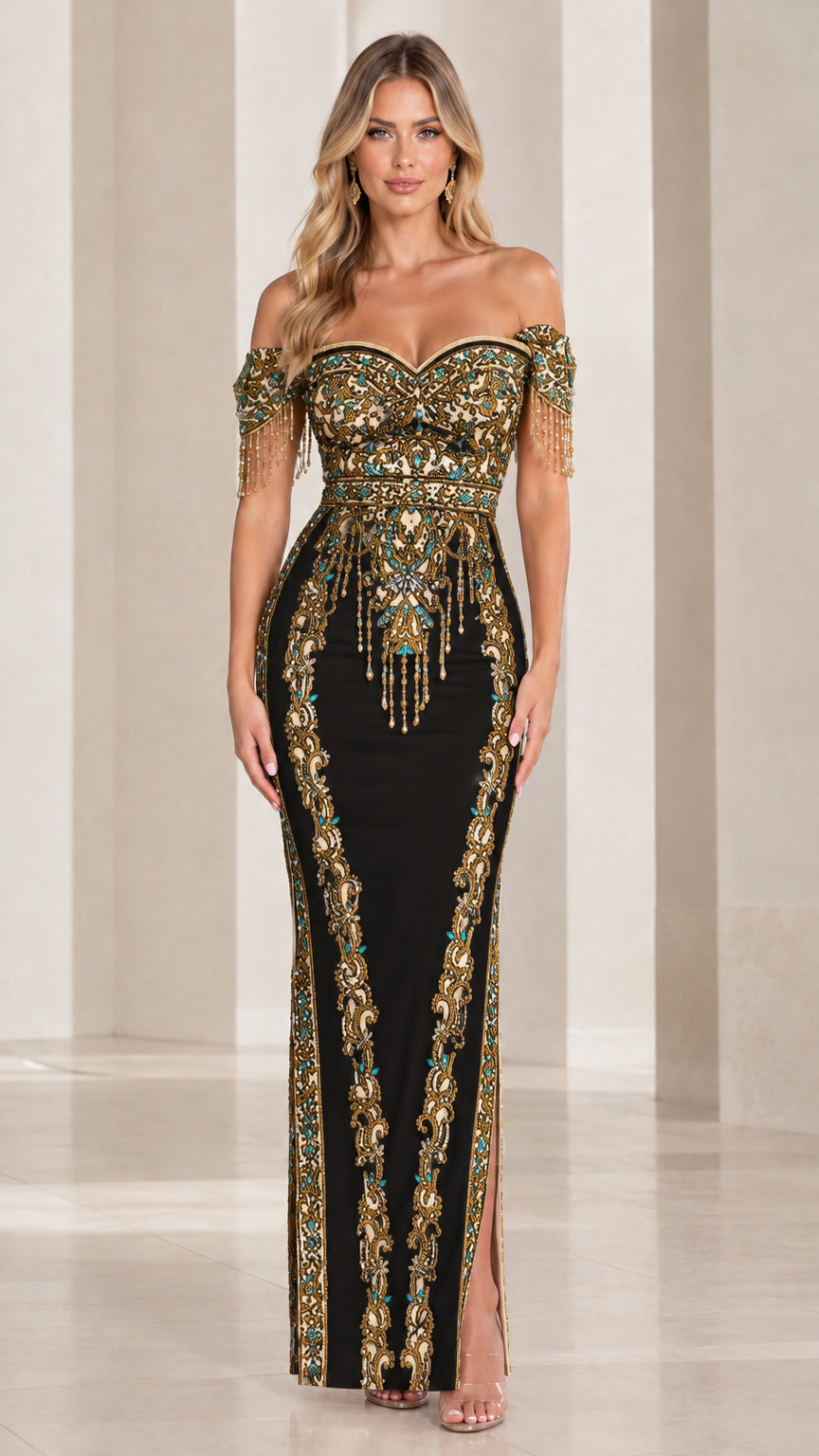 Black off-the-shoulder evening gown with gold beaded embellishments and fringe straps