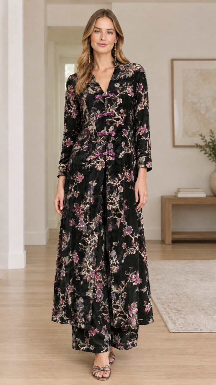 Model wearing Black floral velvet long tunic and wide-leg trousers set