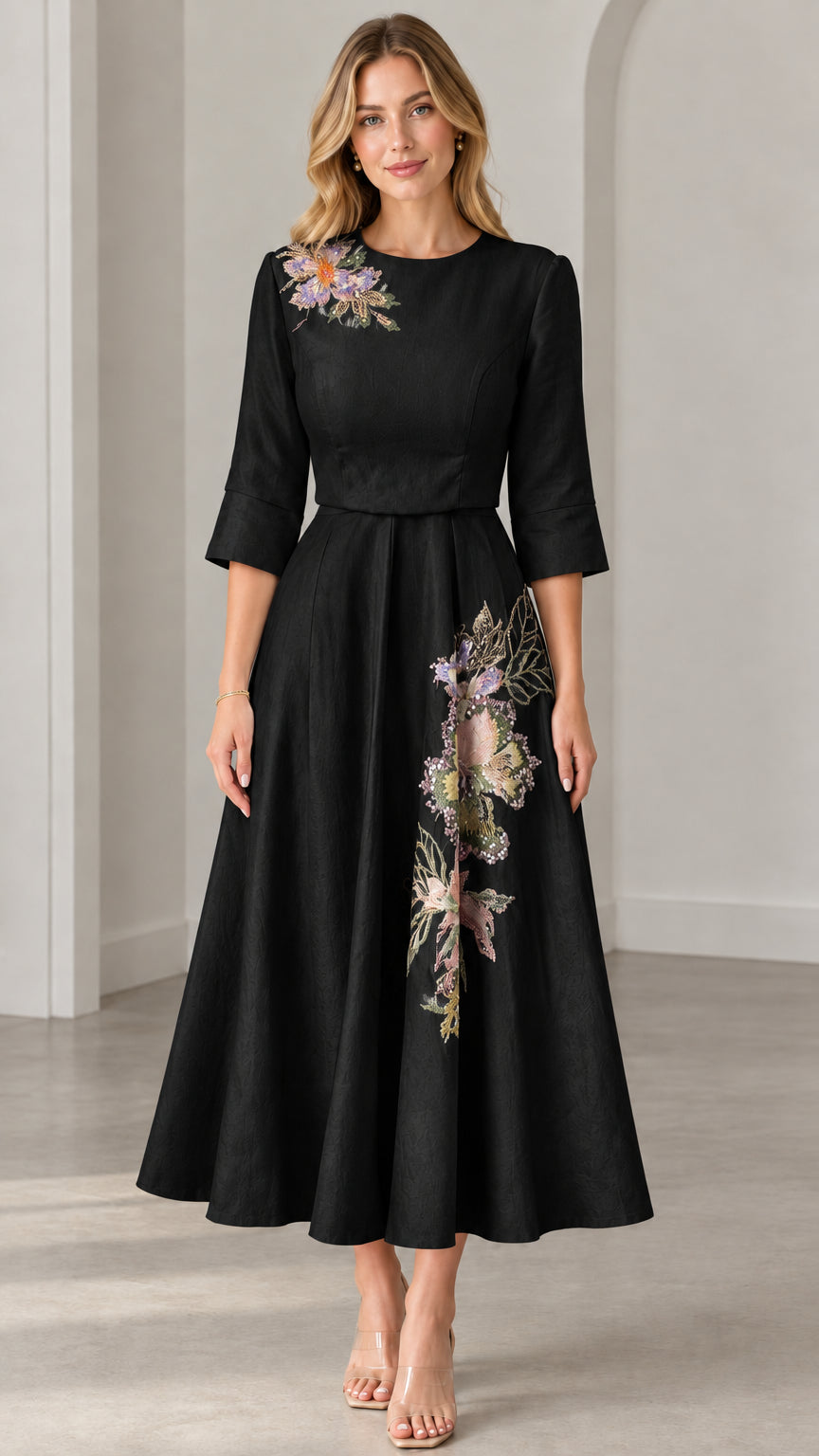 Front view of woman wearing Black floral embroidered A-line midi dress