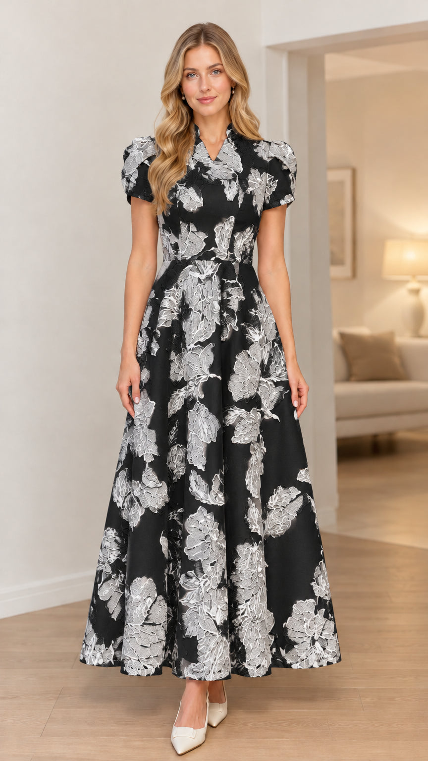 Black and white floral jacquard short sleeve maxi dress