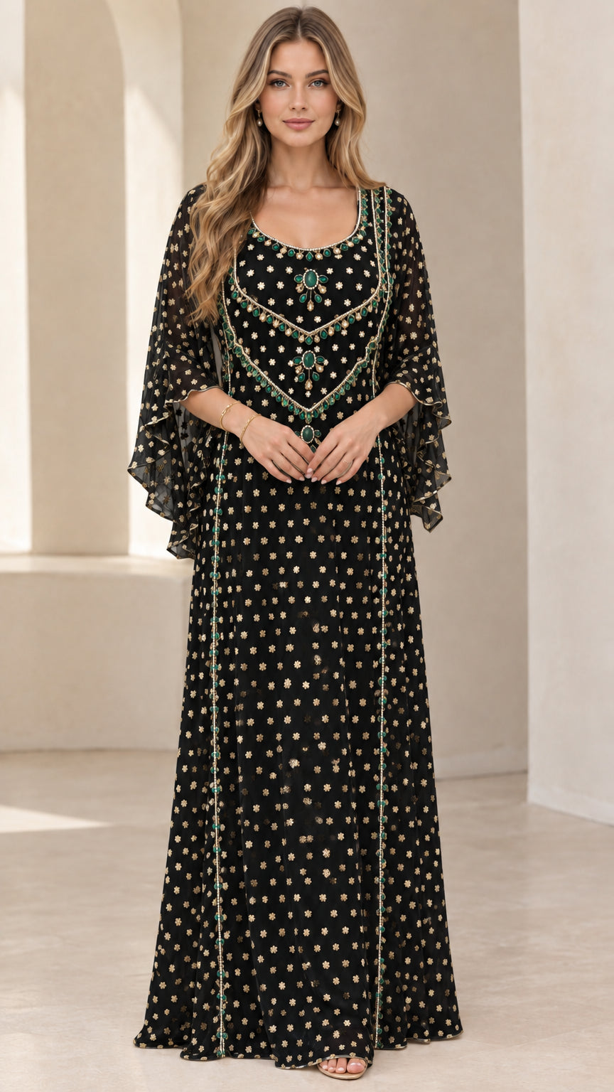 Full-length front view of embellished kaftan maxi dress in black