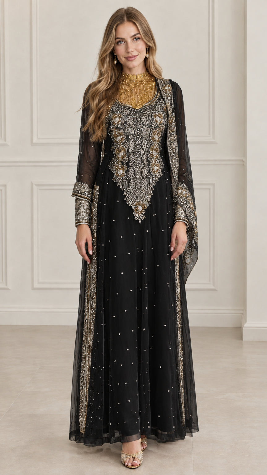 Front view of black embroidered kaftan evening maxi dress