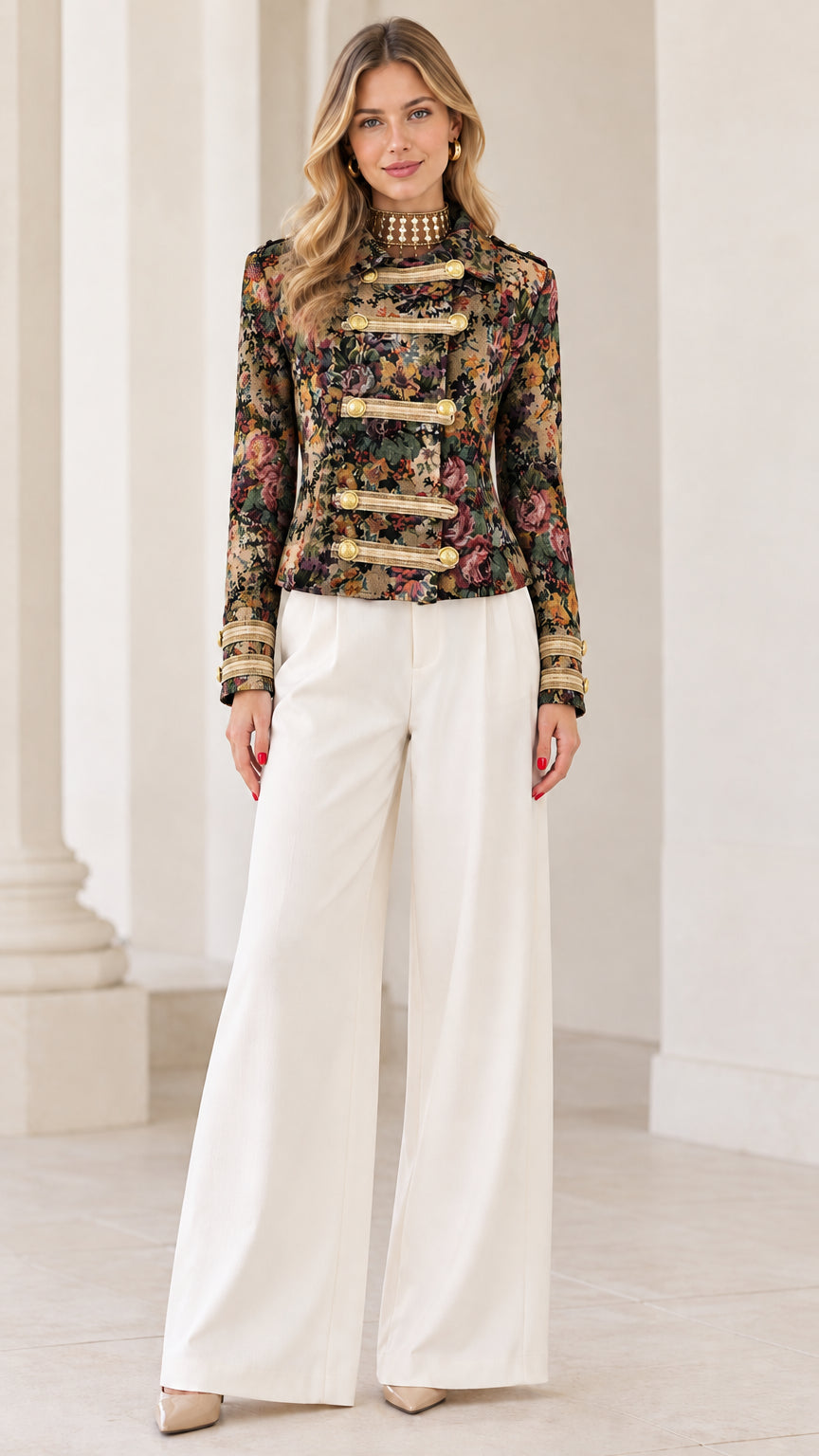 Full front view of Black Floral tapestry military jacket styled with white trousers