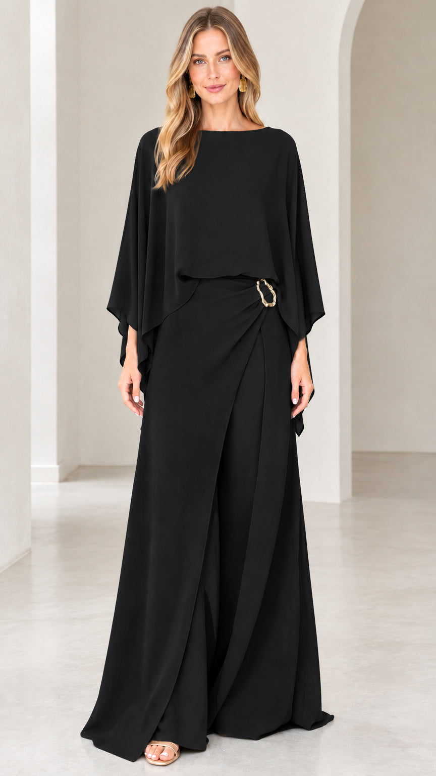 Black capelet wide-leg formal evening jumpsuit front view