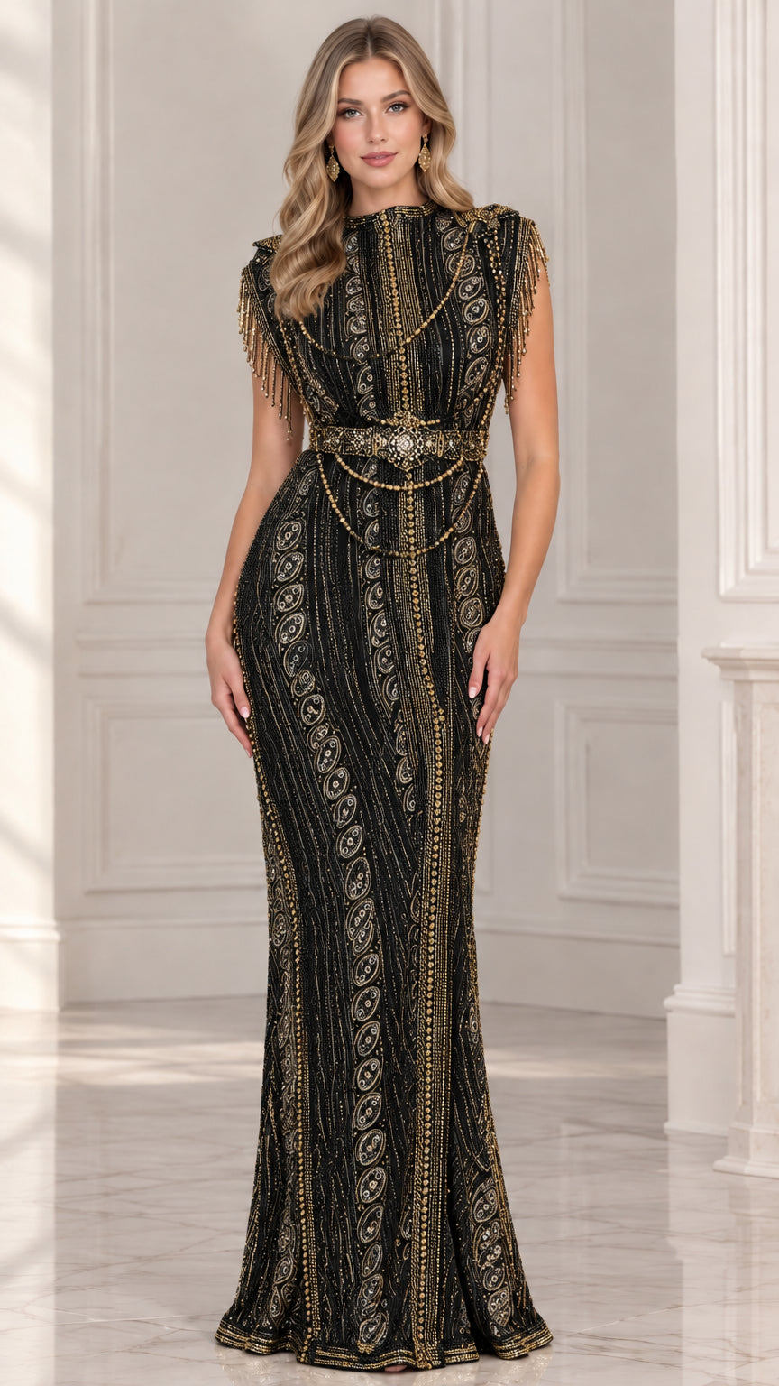 Black formal evening gown with gold beaded fringe and sequin detailing