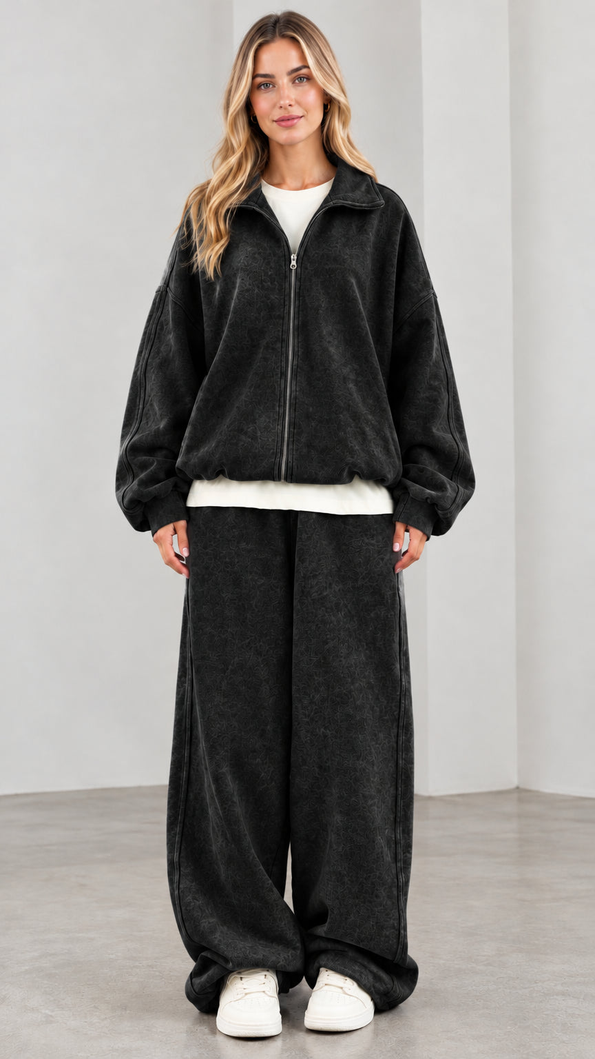 Women's oversized washed black zip jacket and matching wide-leg sweatpants 2-piece set