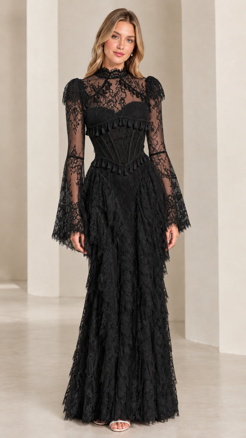 Front view of black high neck corset lace maxi evening gown