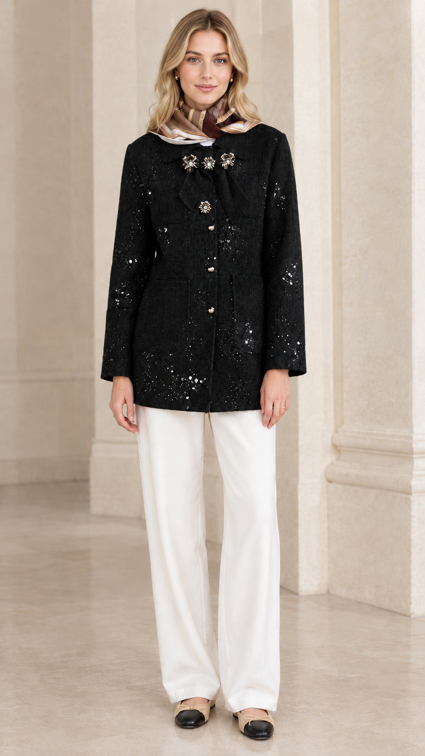 Full front view of model wearing black sequin embellished longline tweed jacket