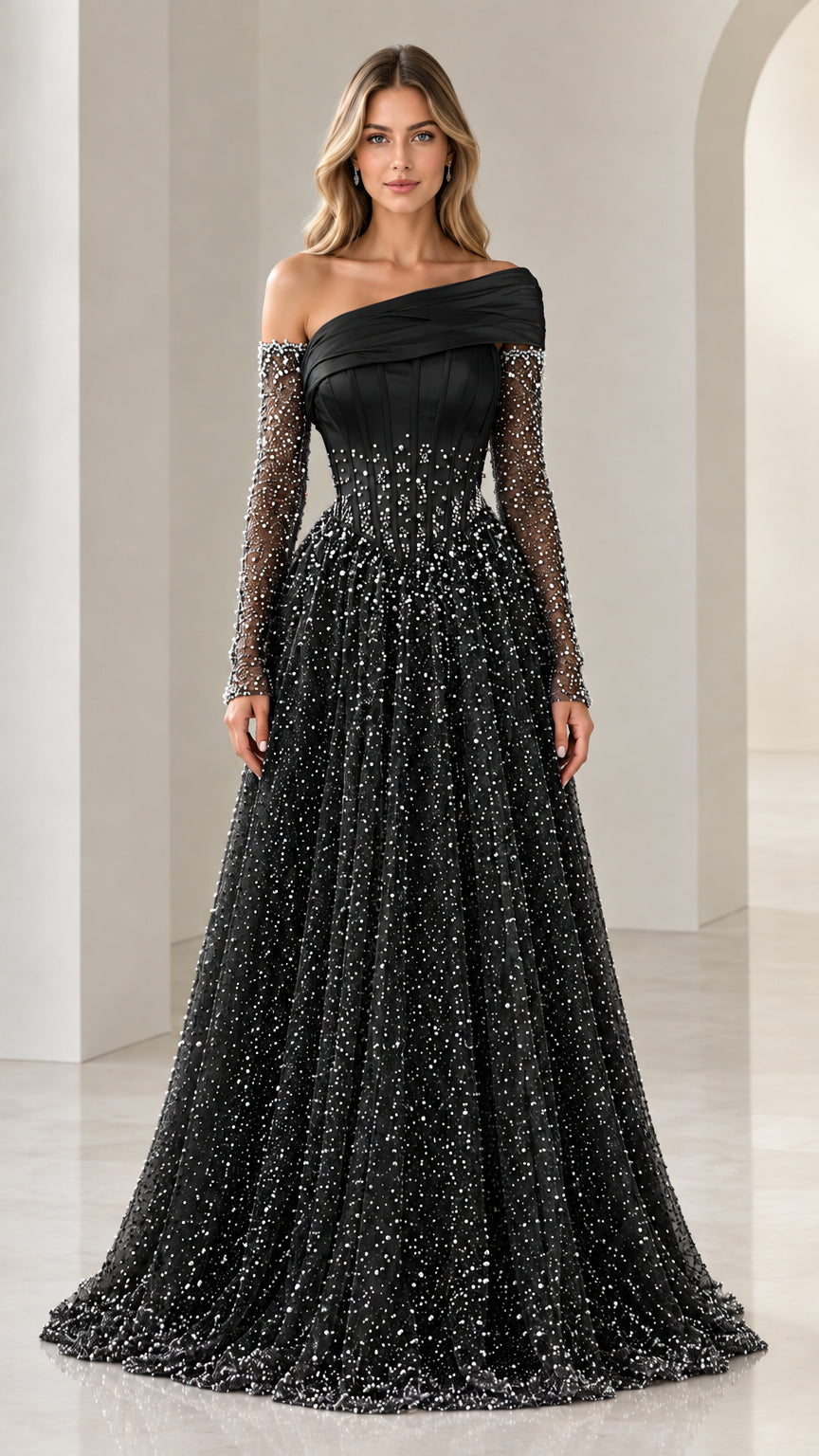 Black off-the-shoulder long sleeve beaded evening gown