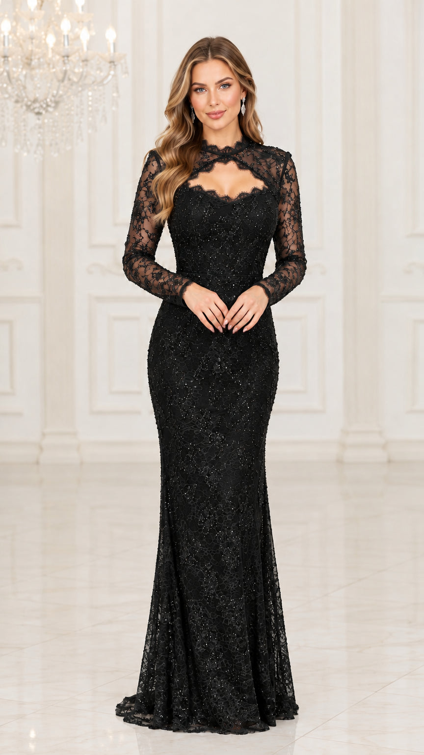 Black long sleeve high neck sequin lace evening gown front view