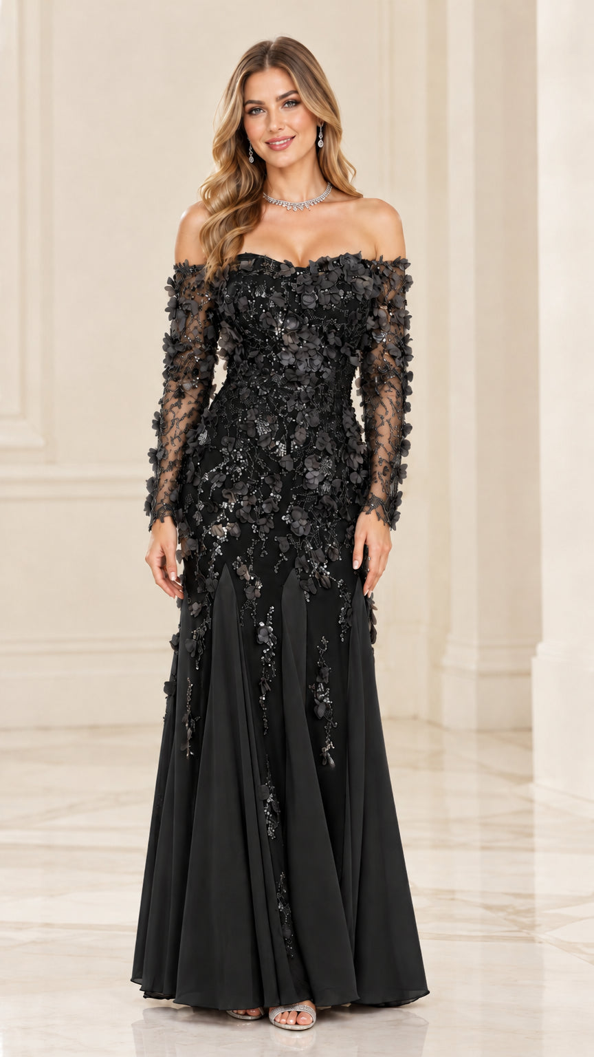 Front view of black off-the-shoulder 3D floral long sleeve formal gown