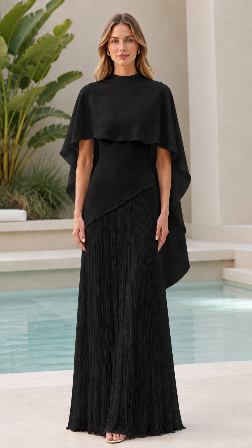 Black elegant capelet mock neck pleated evening maxi gown