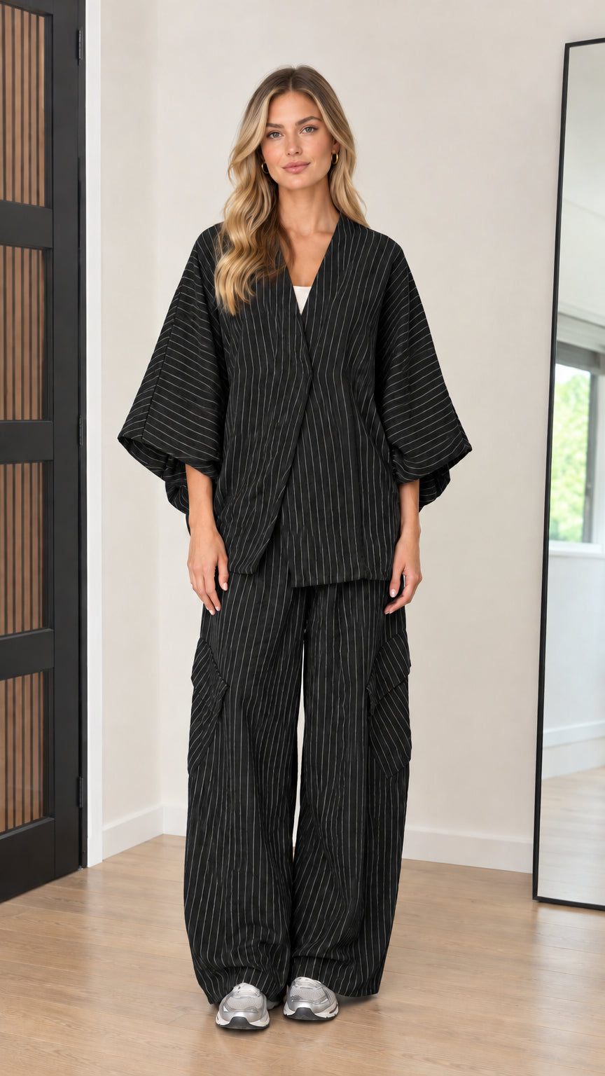 Women's black pinstripe two-piece kimono top and wide-leg cargo pants set