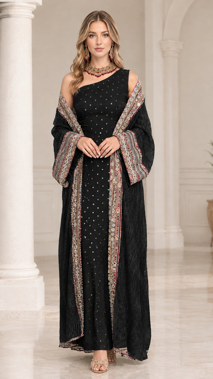Black one-shoulder maxi dress with matching embroidered robe set
