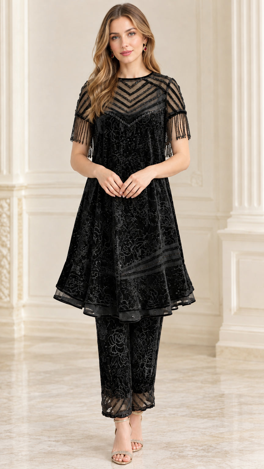 Black beaded sheer yoke velvet tunic and pants set on model