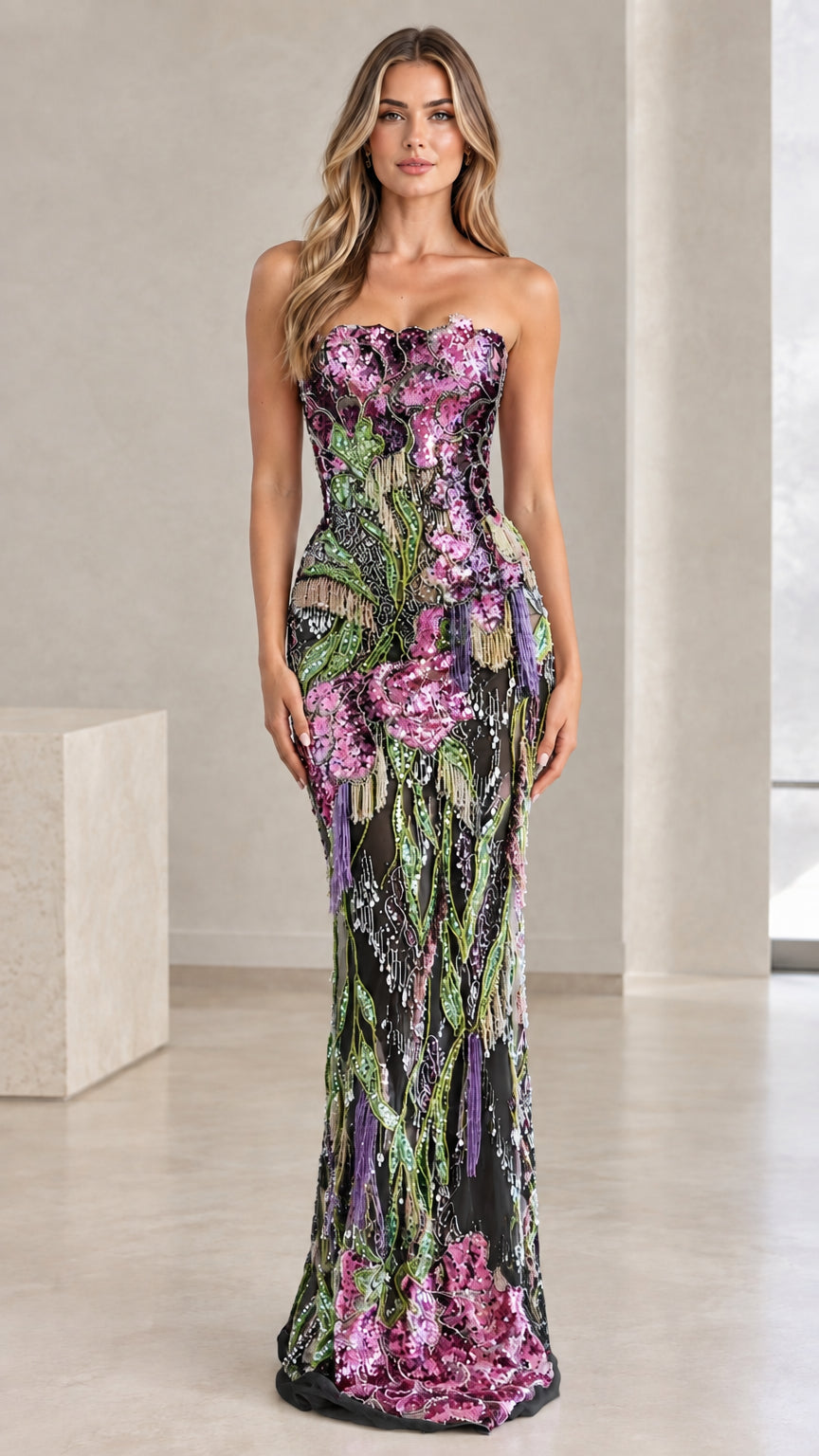 Front view of strapless floral sequin evening gown in Black Multi