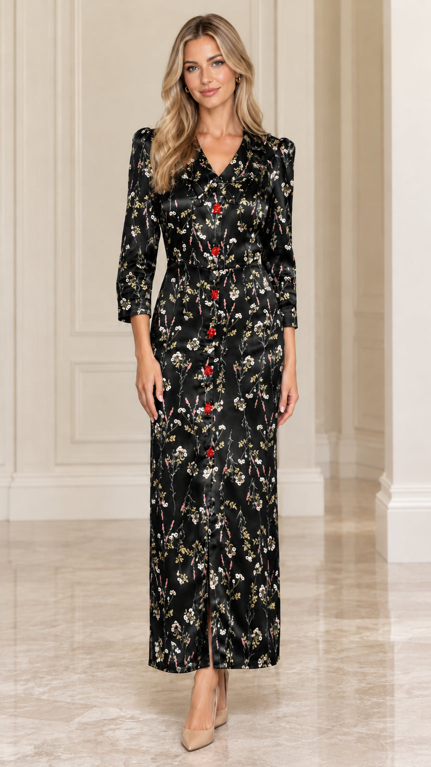 Front view of model wearing Black floral satin lapel maxi dress