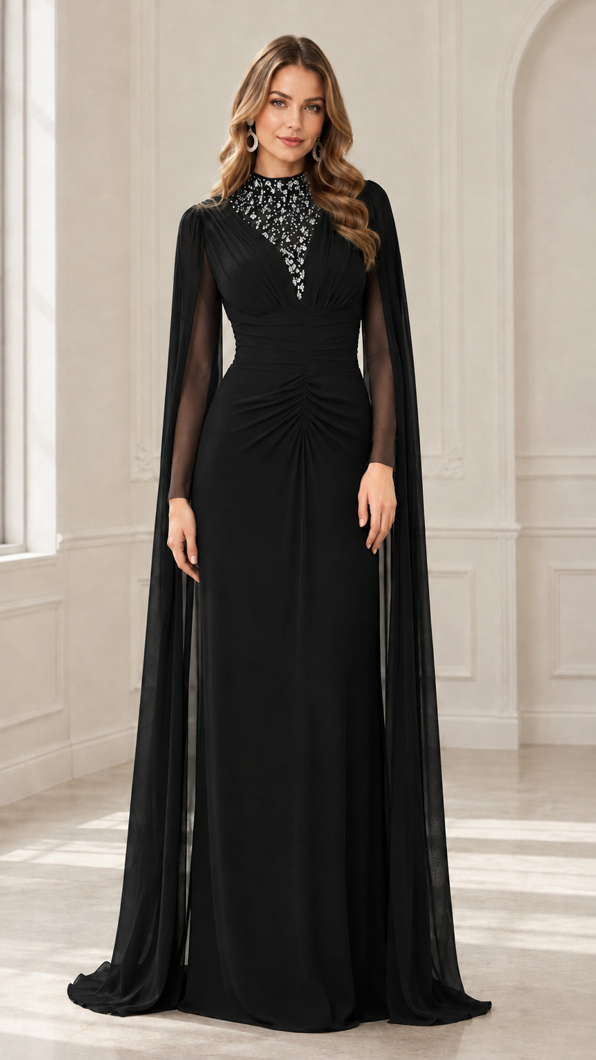Front view of black beaded cape sleeve evening gown