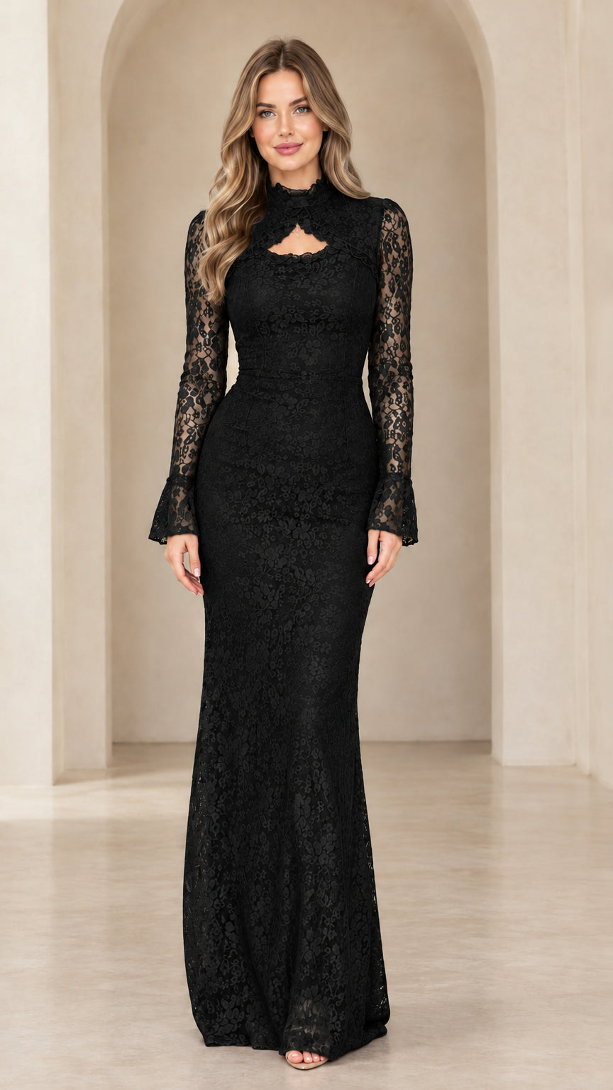 Black mock neck long sleeve floral lace formal maxi dress