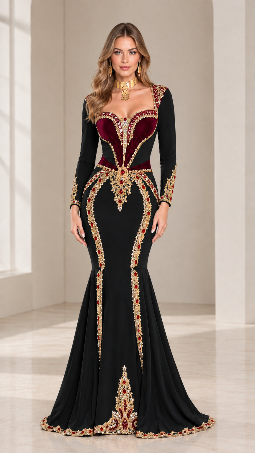 Black long sleeve mermaid evening dress with gold baroque embellishment and velvet bustier