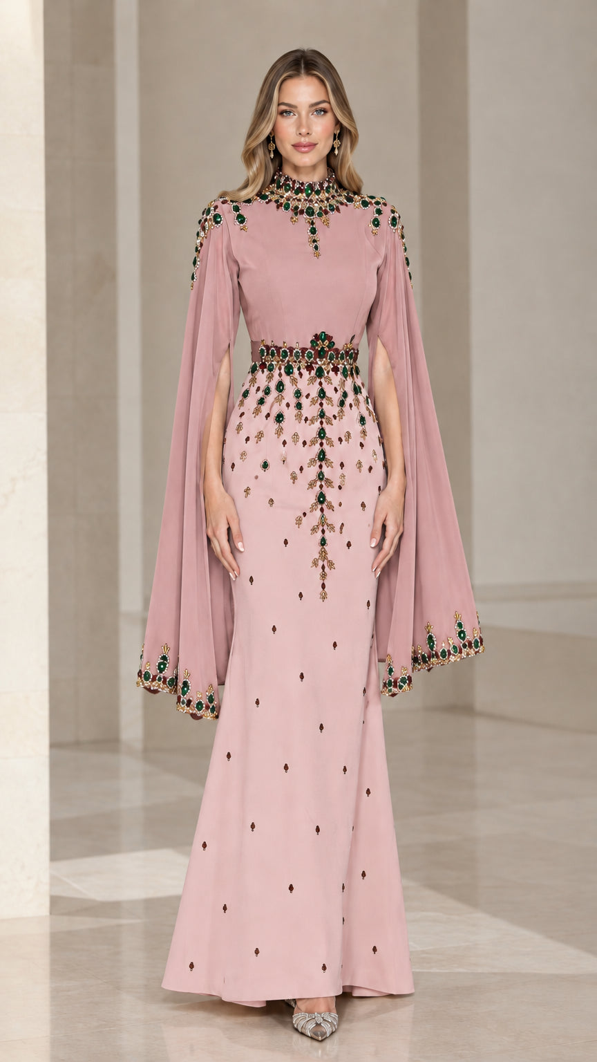 Front view of dusty pink embellished high-neck cape maxi dress
