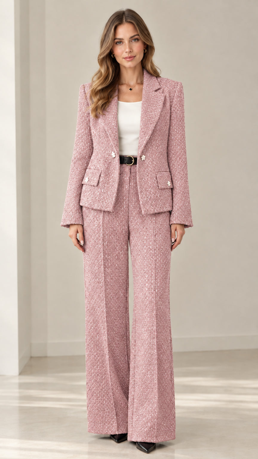 Front view of woman wearing dusty pink textured tweed two-piece pant suit