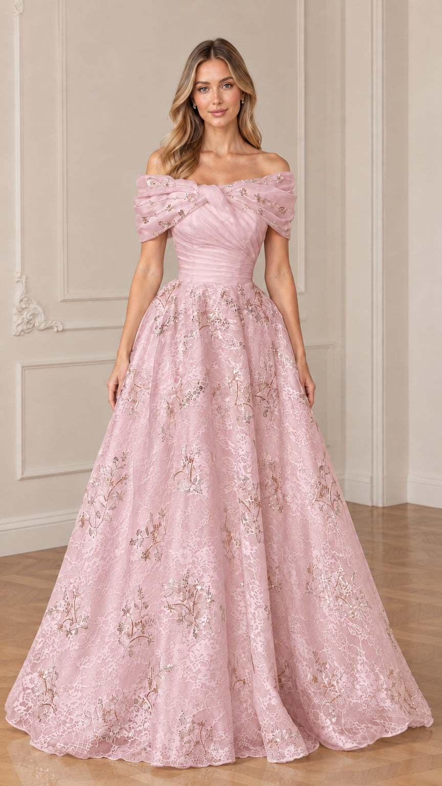 Front view of model in blush pink off-the-shoulder floral embroidered evening dress