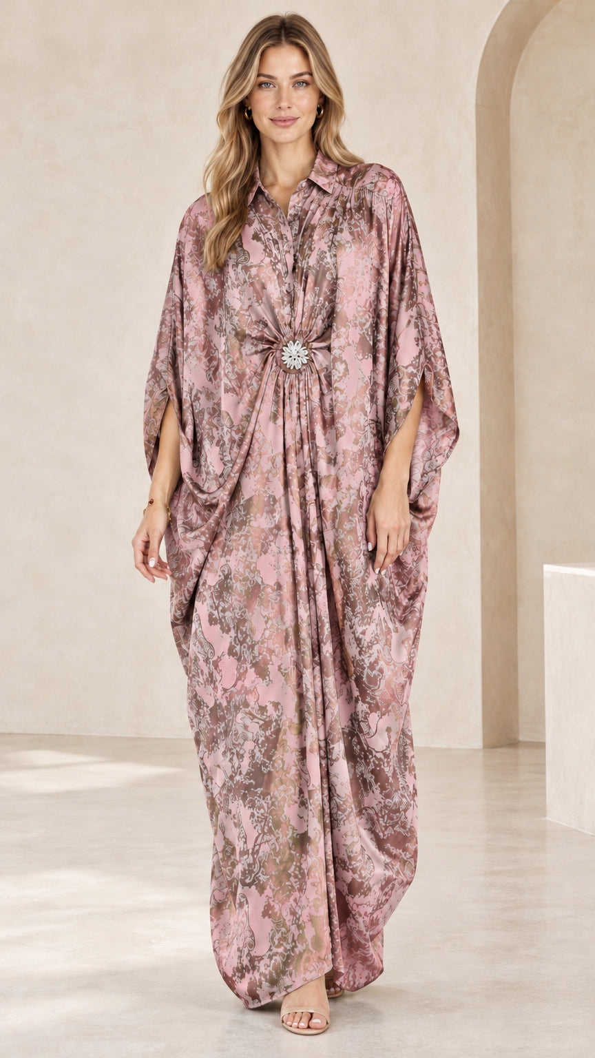 Dusty pink printed collared kaftan maxi dress with crystal buckle accent