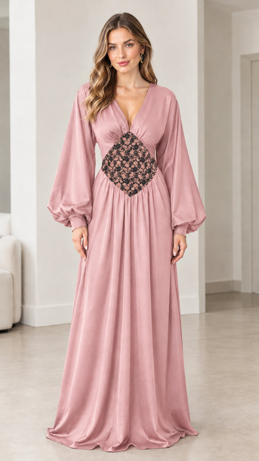 Front view of dusty pink satin lantern sleeve maxi dress with lace waist
