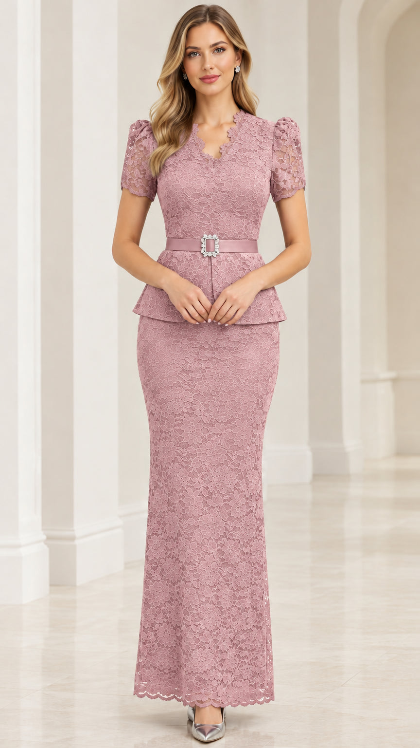 Model wearing dusty rose lace peplum column gown for formal events