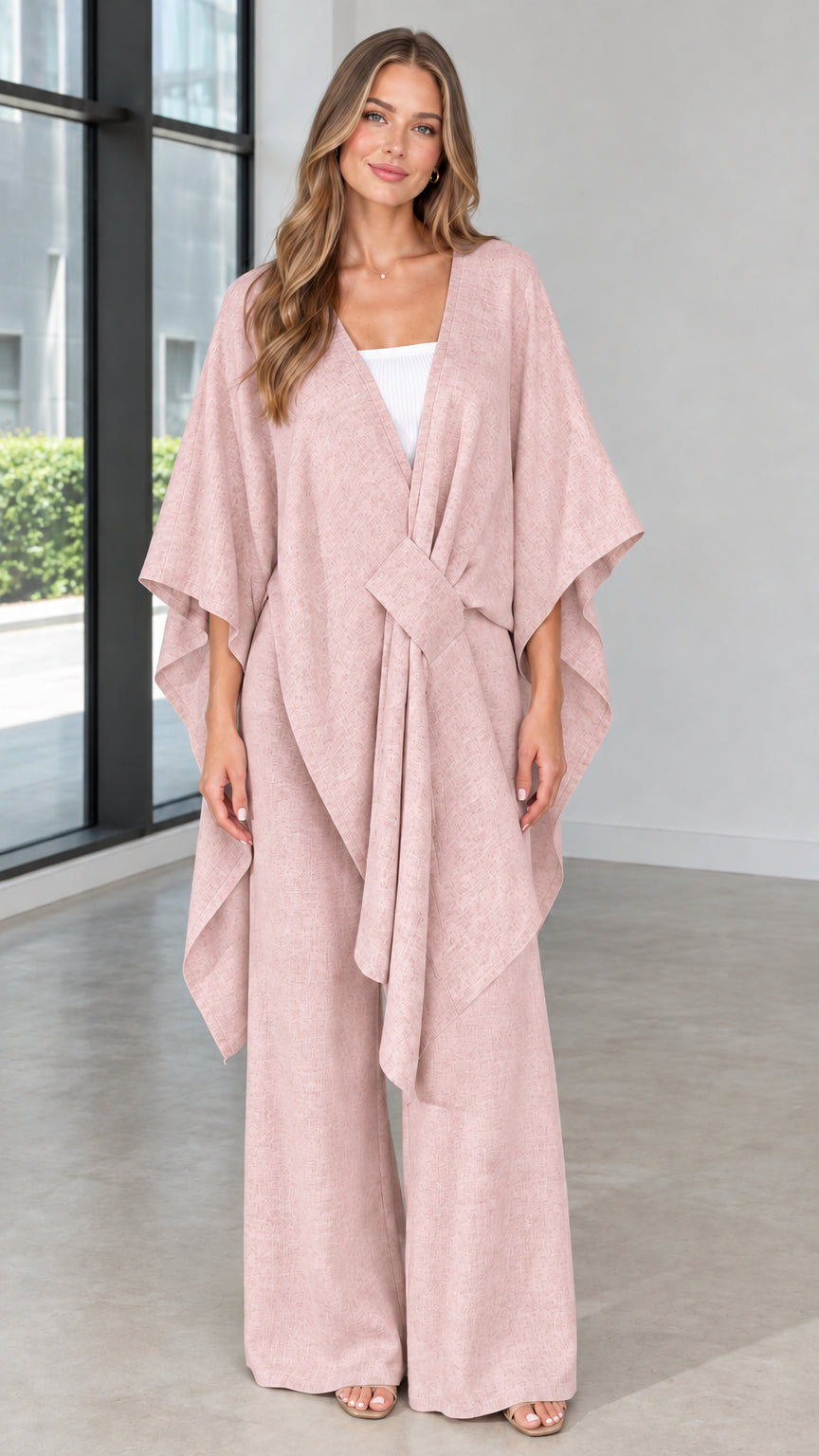 Front view of woman wearing dusty pink draped kimono top and wide leg pants set