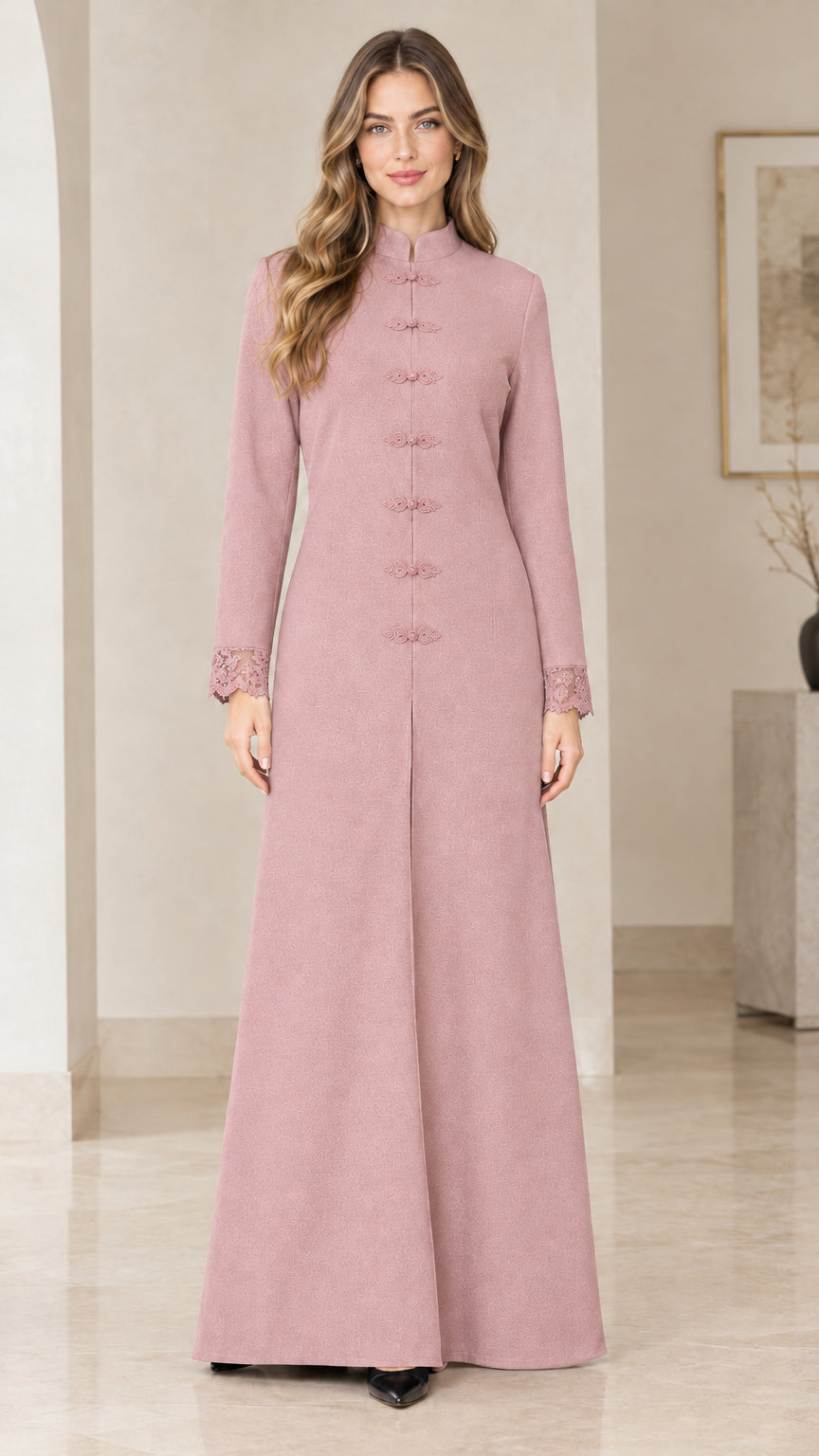 Dusty pink long sleeve Mandarin collar maxi dress with frog closures
