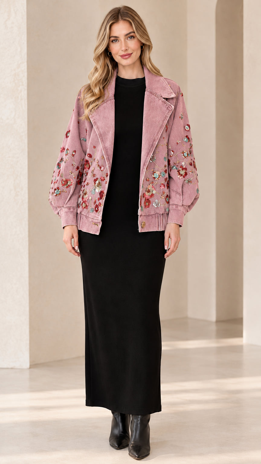 Front view of model wearing Dusty Pink floral embroidered denim jacket
