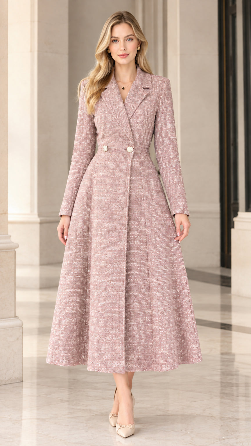Dusty pink elegant tweed midi coat dress on model