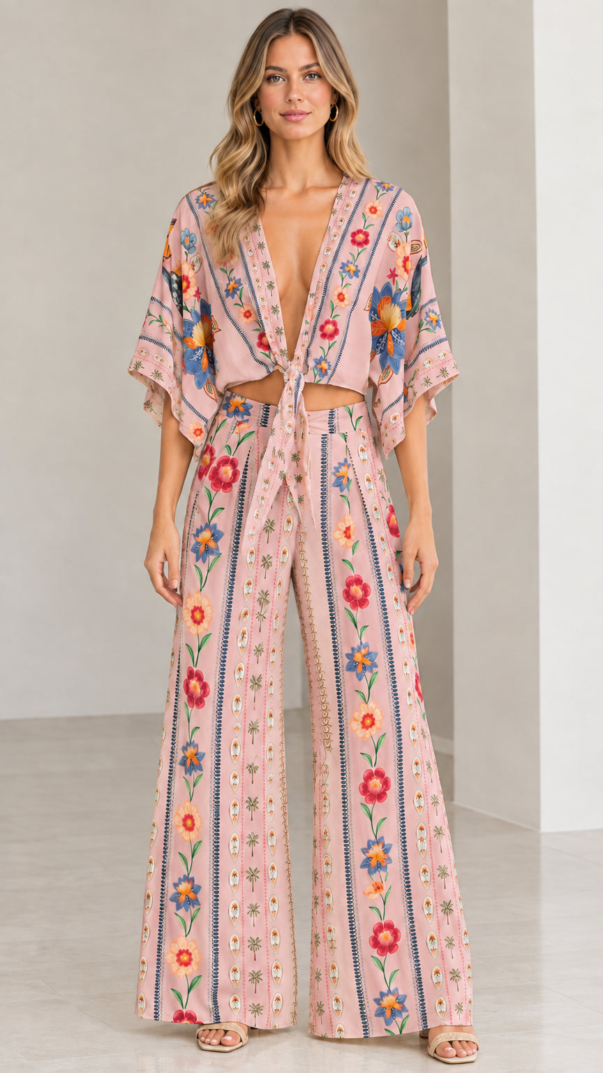 Model wearing dusty pink floral print two-piece crop top and pants set