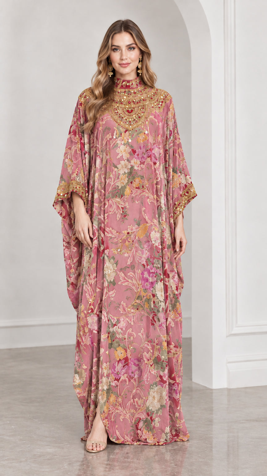 Front view of dusty pink floral velvet kaftan gown with embroidered high neck