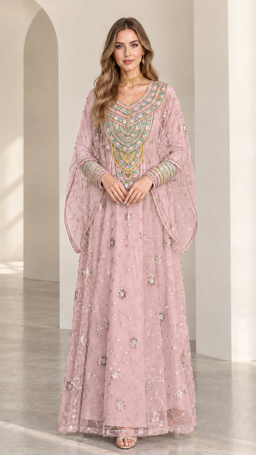 Full front view of dusty pink embroidered cape sleeve kaftan maxi dress