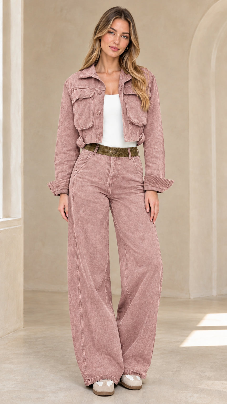 Dusty pink cropped utility jacket and wide-leg pants matching set