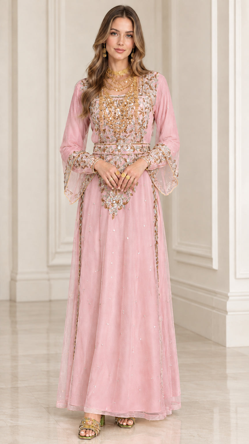 Blush pink long-sleeve embroidered formal maxi dress with bell sleeves