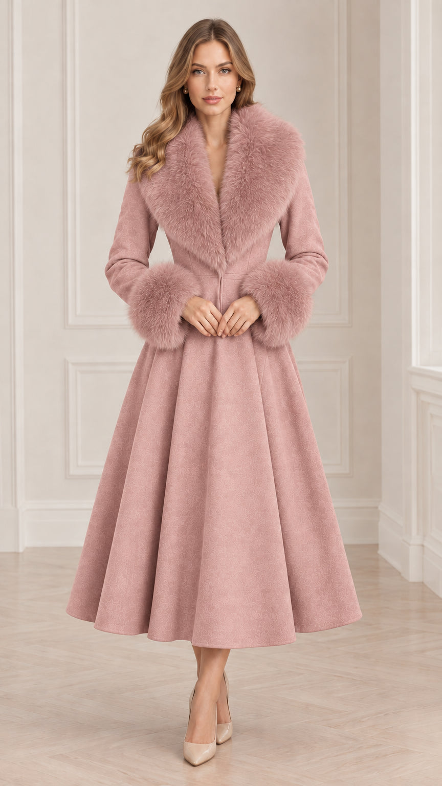 Model wearing Dusty Pink vintage-style swing coat with plush pink faux fur trim