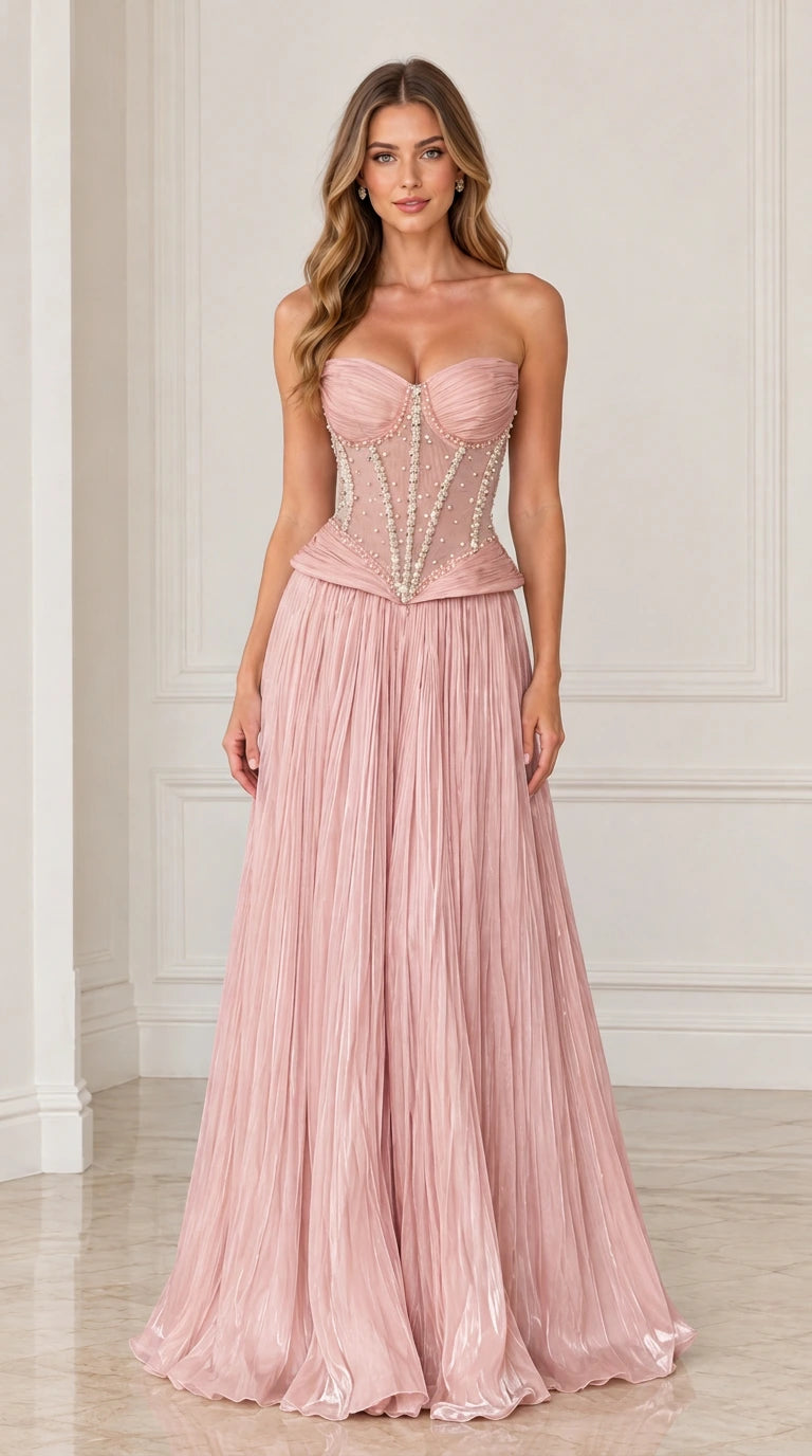 Front view of dusty pink strapless pearl corset formal gown