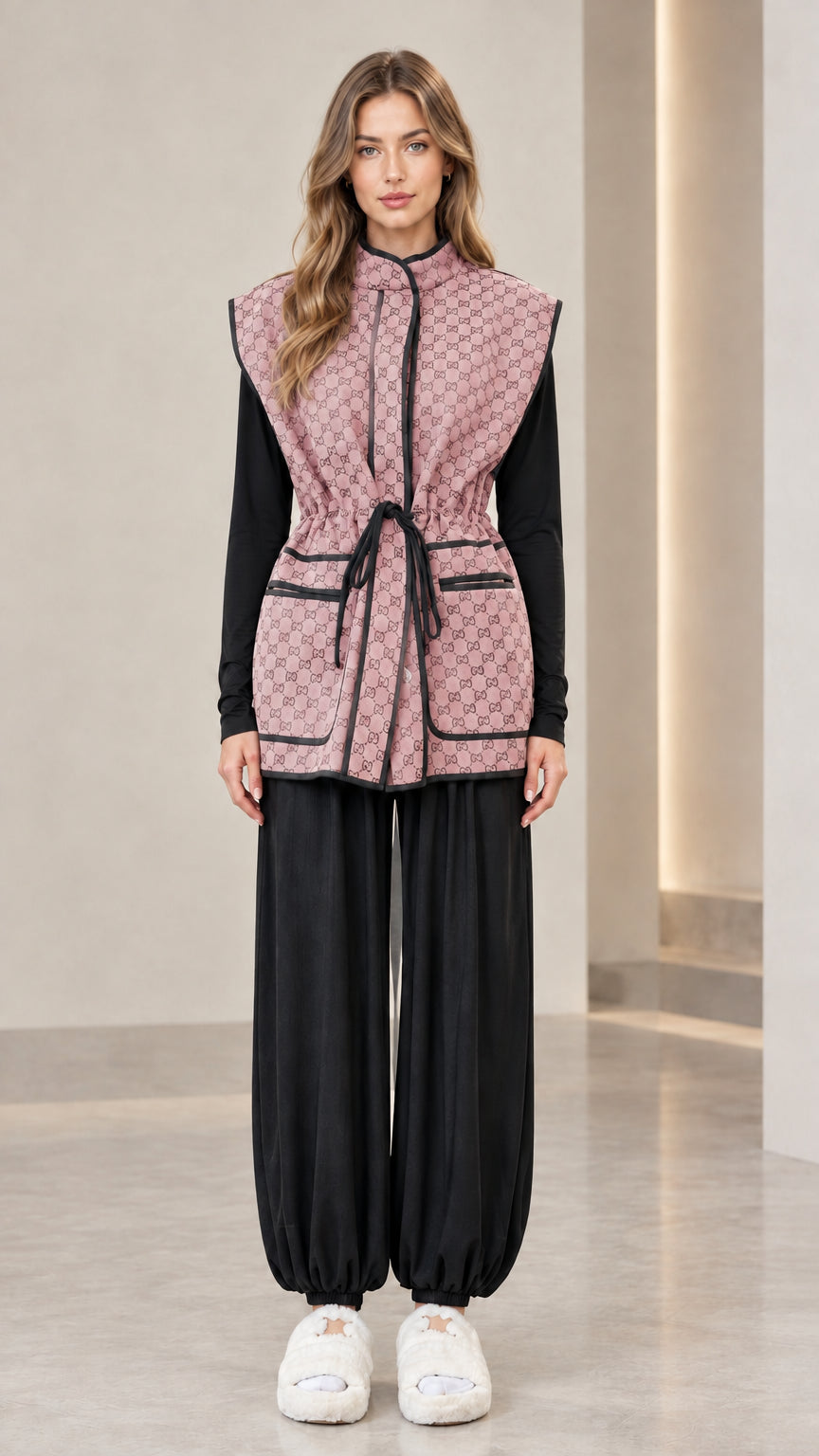 Full front view of woman wearing dusty pink monogram drawstring waist vest