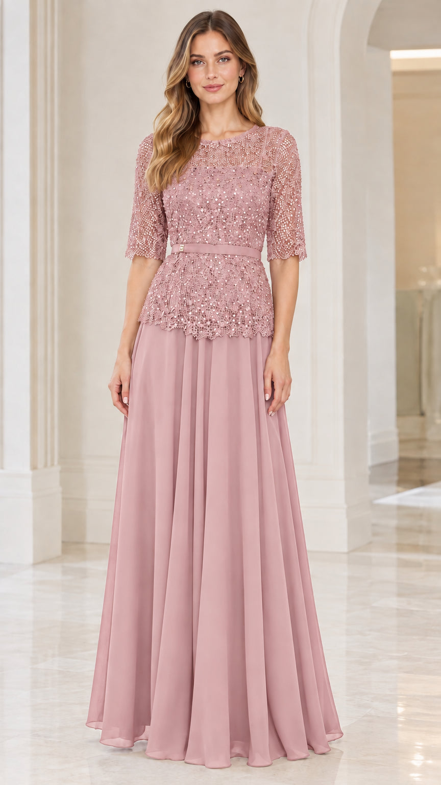 Front view of dusty rose sequin lace half sleeve evening maxi dress