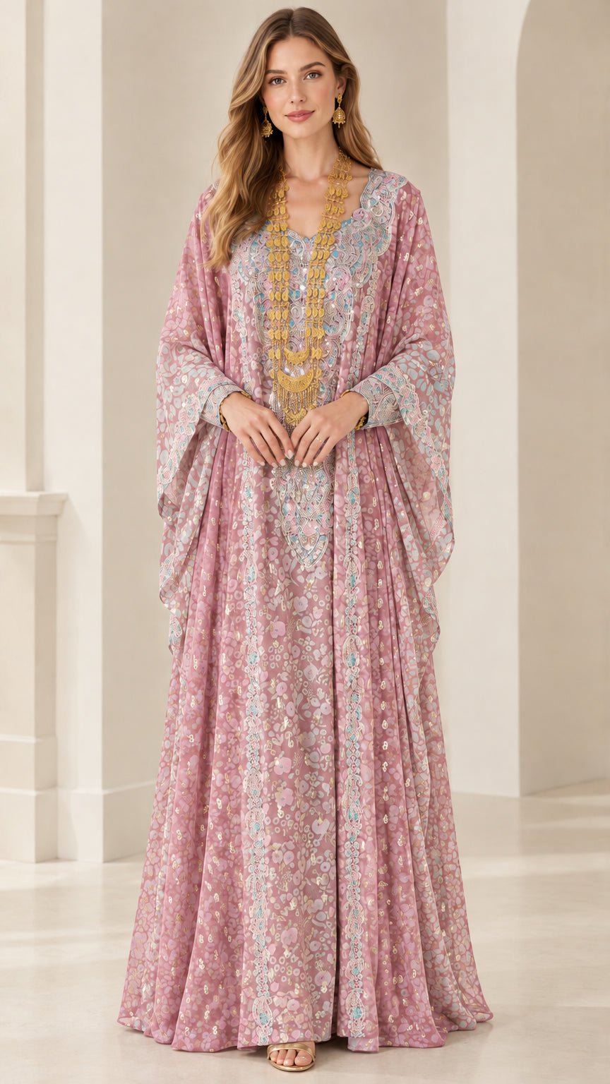 Full-length view of woman wearing Dusty Pink printed embellished kaftan dress