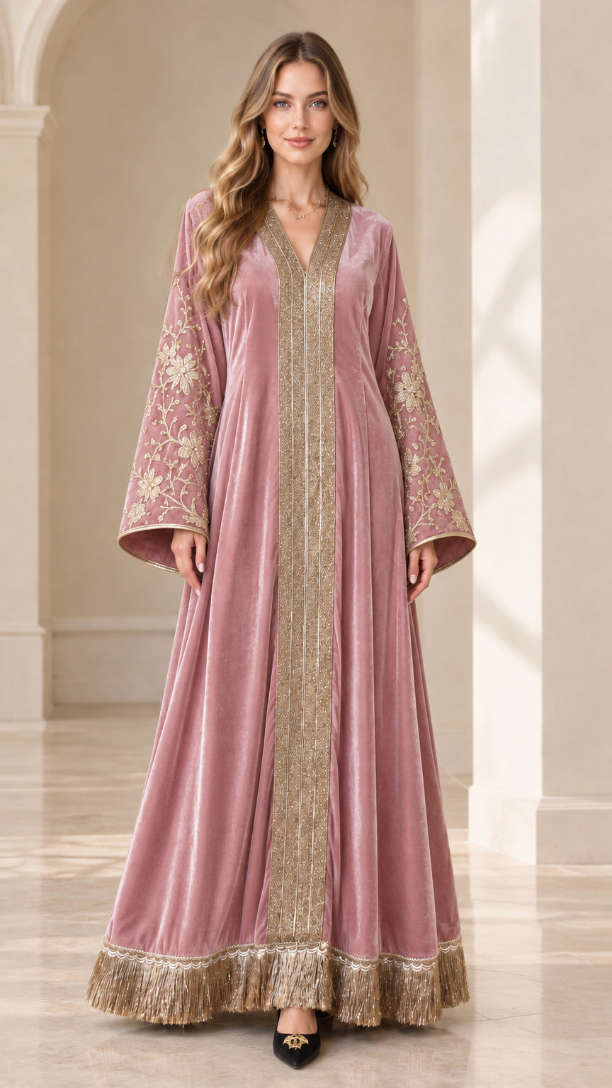 Front view of dusty rose pink velvet embroidered kaftan dress